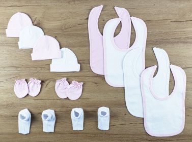 12 pc Set of Bibs, Caps, Booties (Color: Pink/White, size: Newborn)
