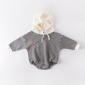 Ins Autumn Baby Striped Baby Clothes Hooded One-piece Hatching Climbing Suit Thickened (Option: Black stripe-90cm)