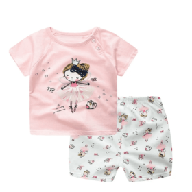 Cartoon Clothing Baby Boy Summer Clothes T-shirt Baby Girl Casual Clothing Sets (Option: Pink-80cm)