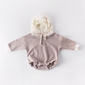 Ins Autumn Baby Striped Baby Clothes Hooded One-piece Hatching Climbing Suit Thickened (Option: Brown Stripe-66cm)