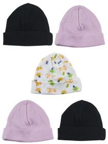 Girls Baby Cap (Pack of 5) (Color: Black/Prints/Pink, size: One Size)